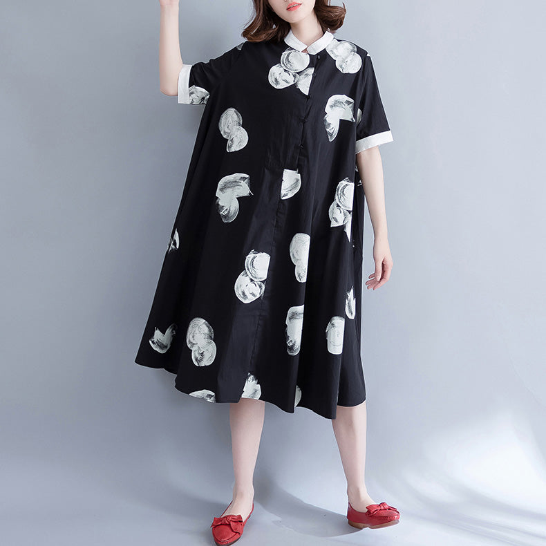 Brand Clothing Long Shirt Tops Black White Printed Cotton Blouses