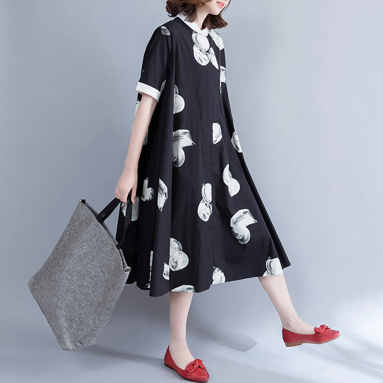 Brand Clothing Long Shirt Tops Black White Printed Cotton Blouses