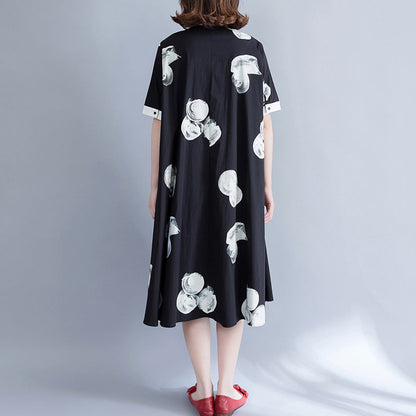 Brand Clothing Long Shirt Tops Black White Printed Cotton Blouses