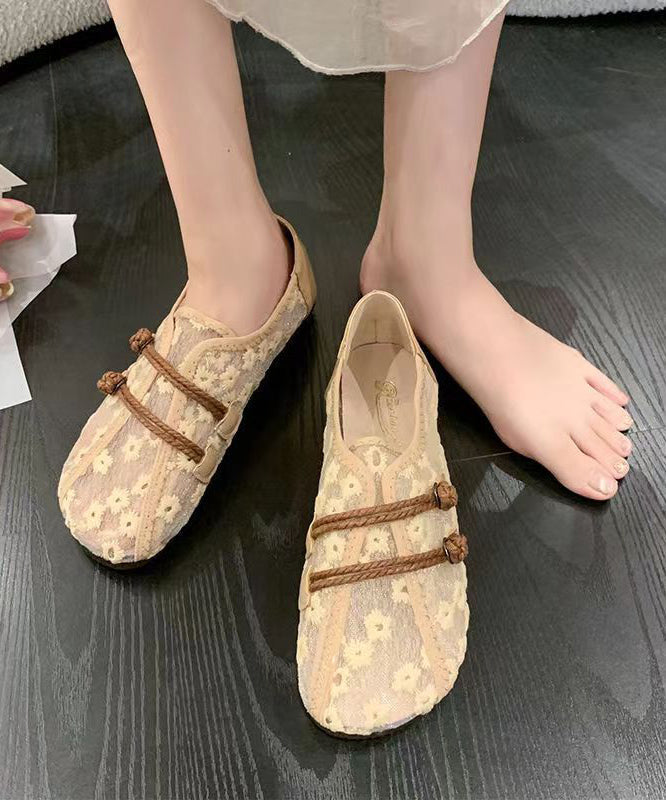 Breathable Mesh Khaki Flat Shoes Embroidery Splicing Soolinen Shoes-20251