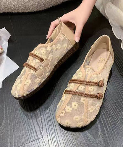 Breathable Mesh Khaki Flat Shoes Embroidery Splicing Soolinen Shoes-20251