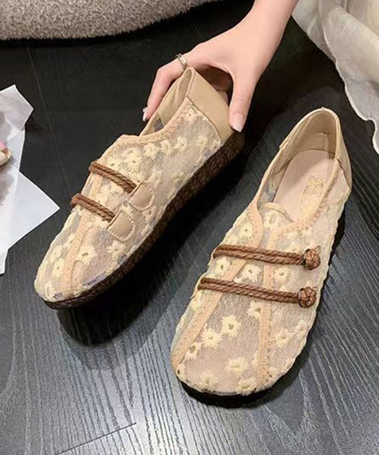 Breathable Mesh Khaki Flat Shoes Embroidery Splicing Soolinen Shoes-20251