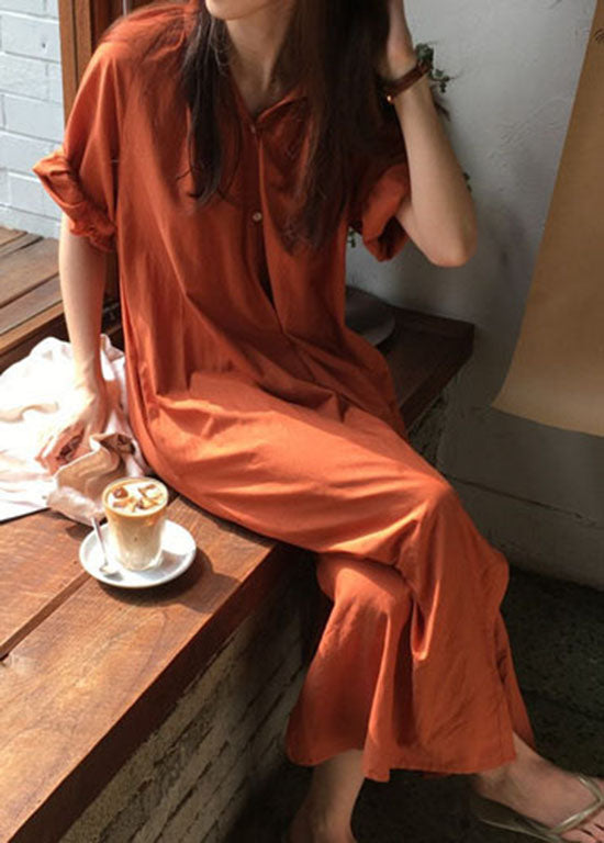 Brick Red Button Cotton Dresses Wrinkled Half Sleeve