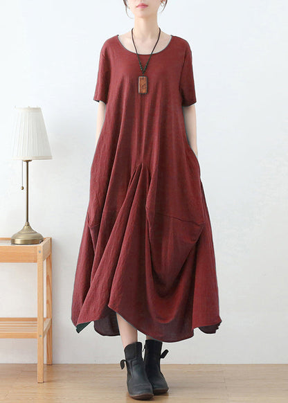 Brick Red Cotton Long Dress O-neck Asymmetrical Design Short Sleeve
