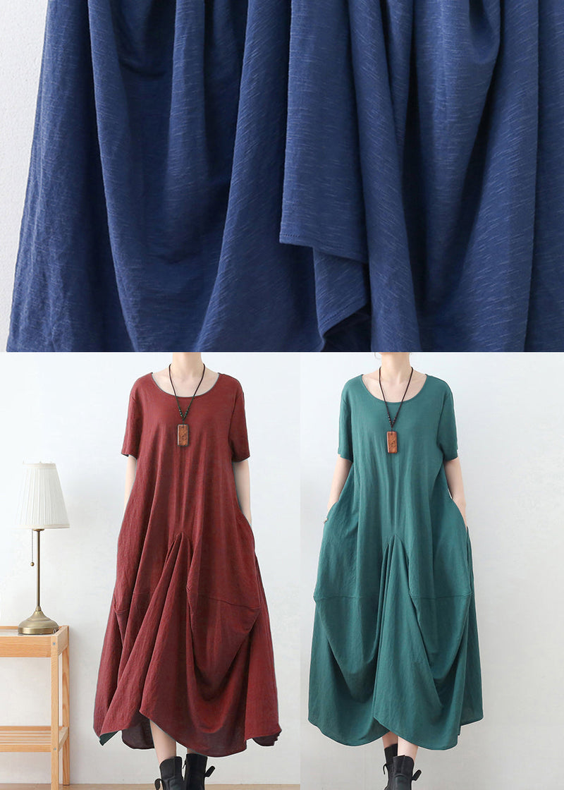 Brick Red Cotton Long Dress O-neck Asymmetrical Design Short Sleeve