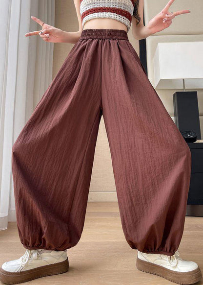 Brick Red Pockets Cotton Summer Crop Pants Elastic Waist