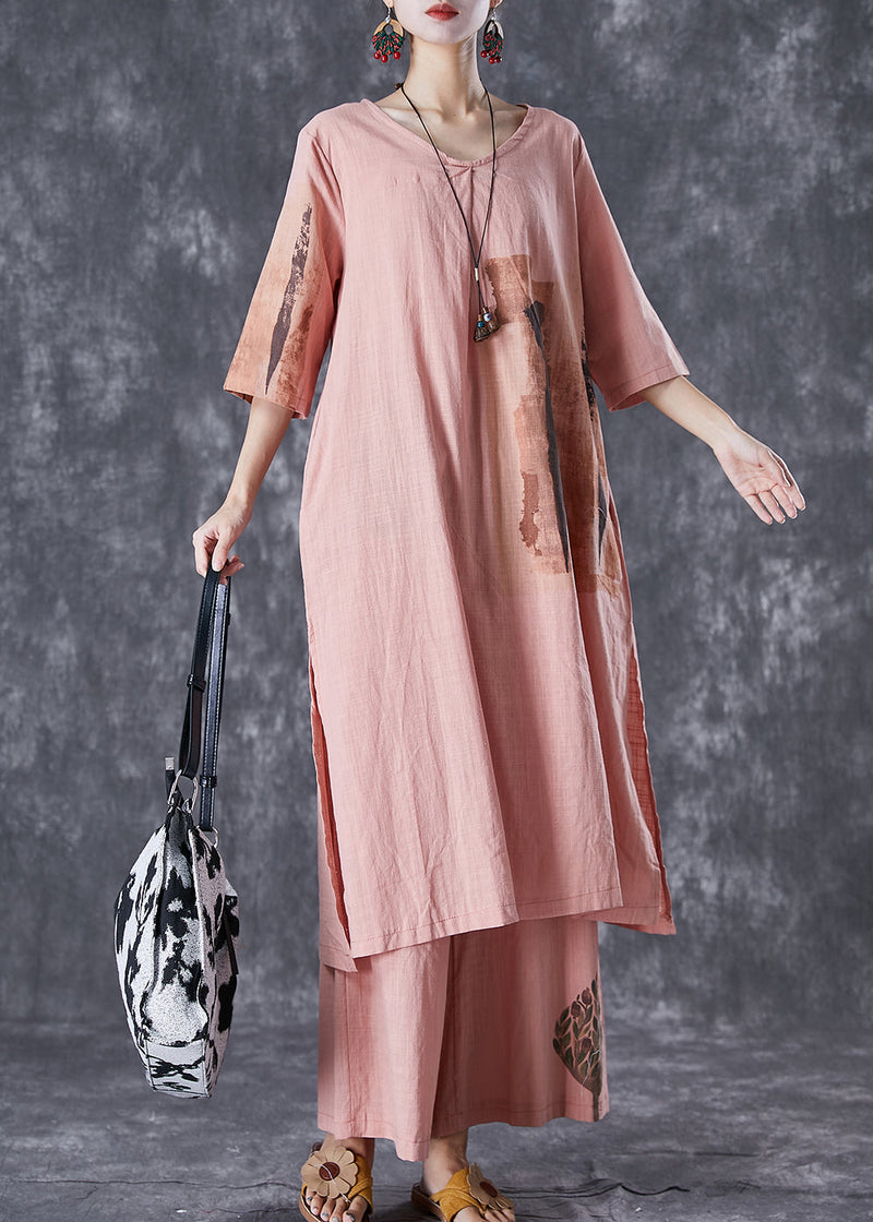 Brick Red Print Linen Dress and Pants Two Piece Set Outfits Side Open Summer