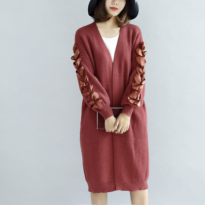 Brick Red Knit Cardigans Oversized Sweater Coats Decorated Sleeves