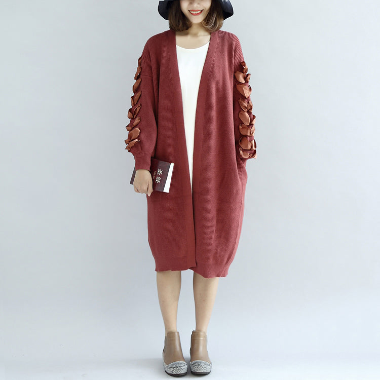Brick Red Knit Cardigans Oversized Sweater Coats Decorated Sleeves