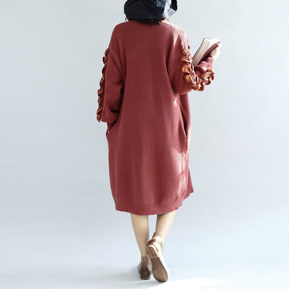 Brick Red Knit Cardigans Oversized Sweater Coats Decorated Sleeves