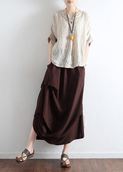 Yellow Leopard Oversized Linen Skirts Asymmetrical Design Elastic Waist Long Skirt