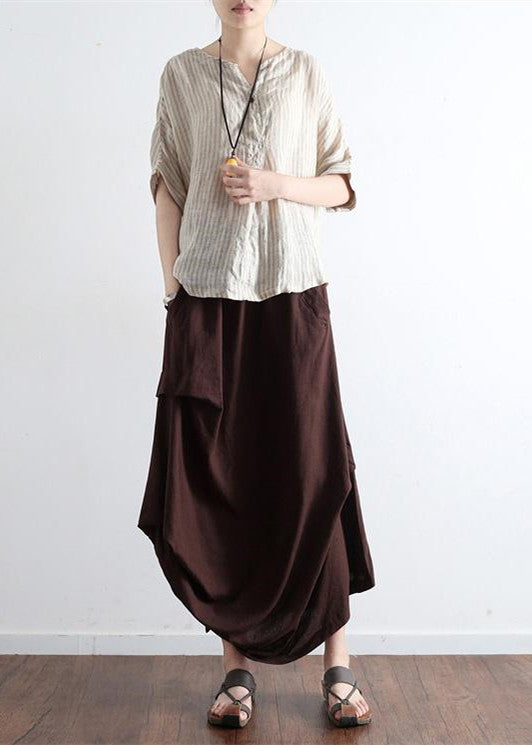 Brick Red Oversized Linen Skirts Asymmetrical Design Elastic Waist Long Skirt