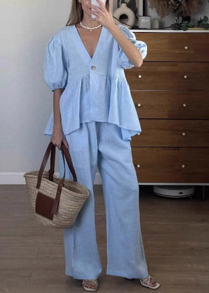 Brief Apricot V Neck Patchwork Shirts and Wide Leg Pants Two Pieces Set Summer