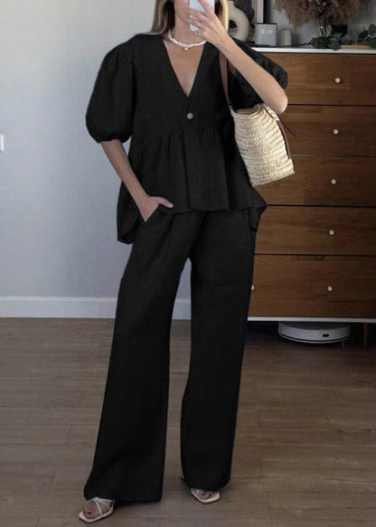 Brief Apricot V Neck Patchwork Shirts and Wide Leg Pants Two Pieces Set Summer