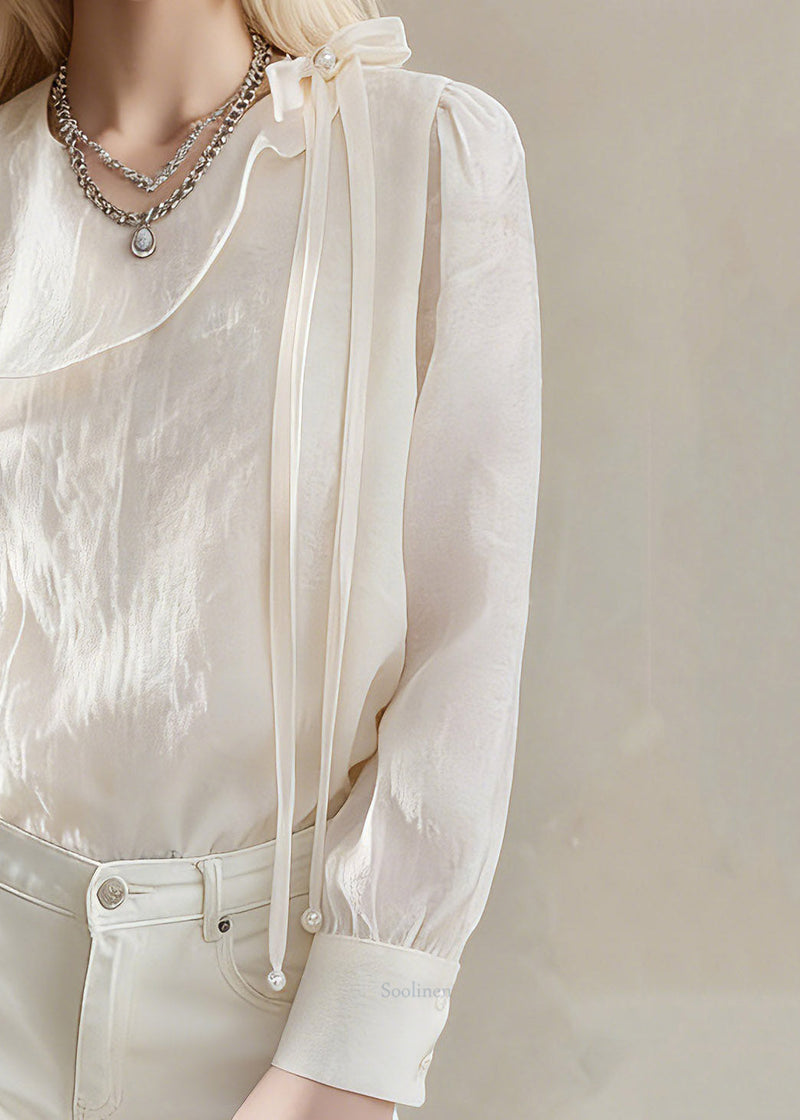 Brief Beige Asymmetrical Tassel Bow Top Lantern Sleeve