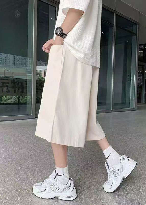 Brief Beige Elastic Waist Wide Leg Pants Summer