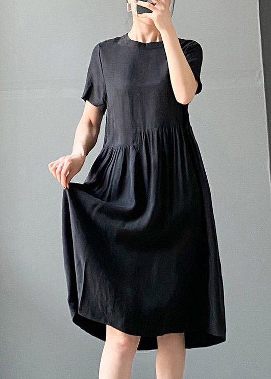 Brief Black Flower O-neck Patchwork Cotton Blend Dress Short Sleeve