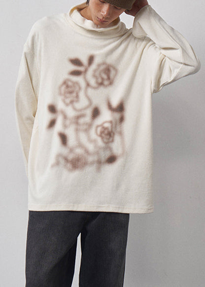 Brief Beige Turtleneck Print Cotton Top Fall