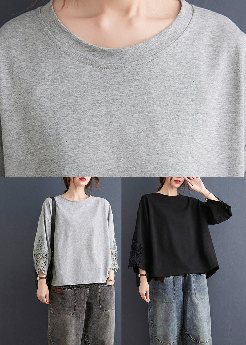 Brief Black O-neck Lace Patchwork Sweatshirts Top Three Quarter Sleeve