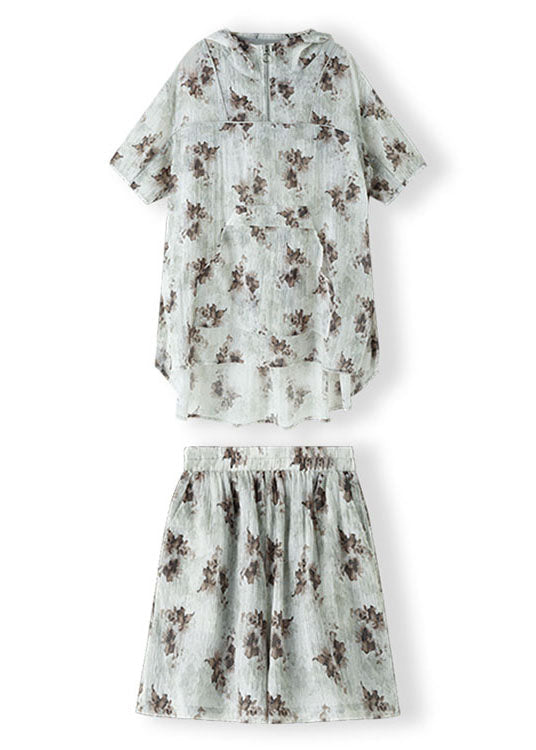 Brief Blue Grey Print Silk Hooded Shorts Top and Two Pieces Set Summer