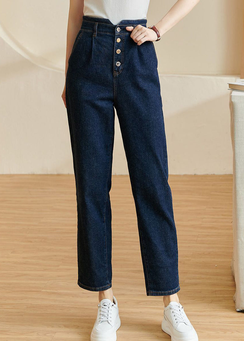 Brief Blue High Waist Pockets Crop Denim Pants Fall