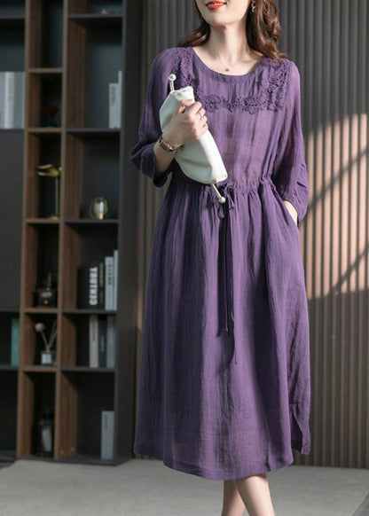 Brief Blue O-neck Lace Patchwork Tie Waist Linen Long Dresses Spring