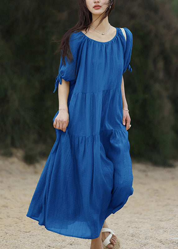 Brief Blue O-neck Patchwork Long Dresses Summer