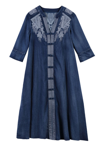 Brief Blue V Neck Print Cotton a Line Dress Half Sleeve