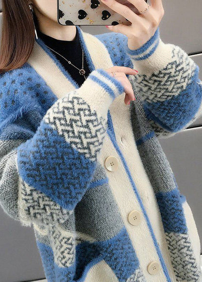 Brief Blue V Neck Print Button Mink Velvet Knit Coat Fall