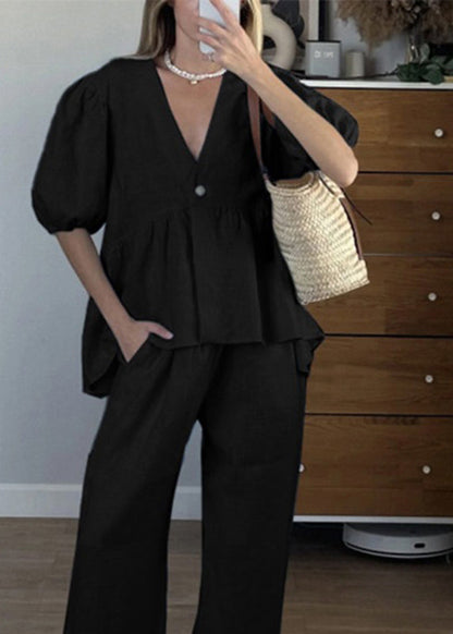 Brief Blue V Neck Shirts and Wide Leg Pants Two Piece Set Short Sleeve