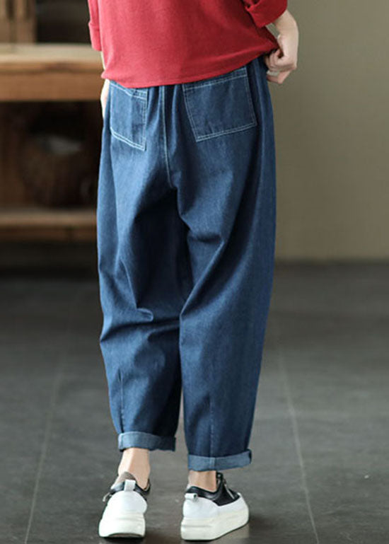 Brief Blue Elastic Waist Pockets Harem Pants Spring