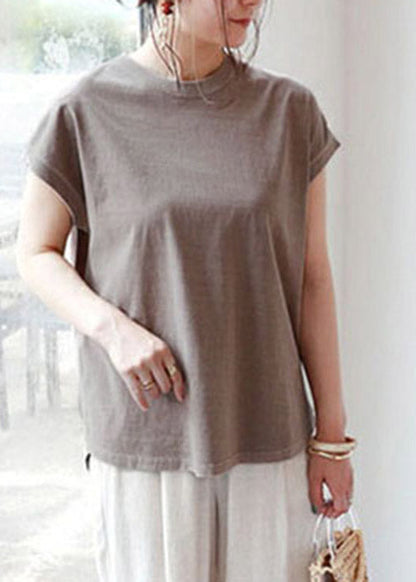 Brief Camel O-neck Side Open Cotton T Shirt Short Sleeve