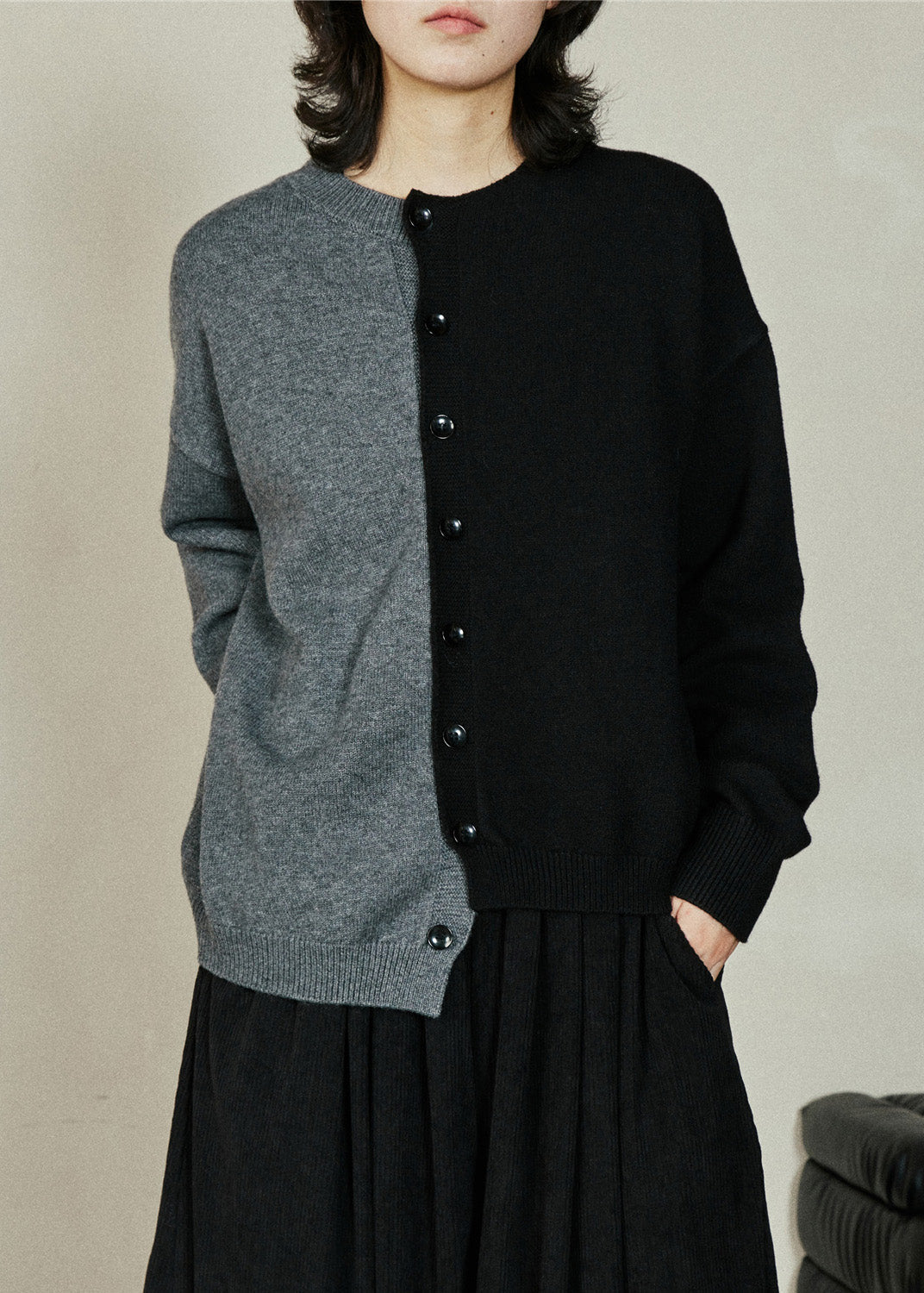 Brief Colorblock O-neck Asymmetrical Cotton Knit Sweaters Fall