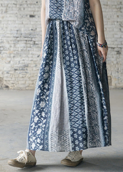 Brief Colorblock Elastic Waist Pocket Print Linen Skirts Spring