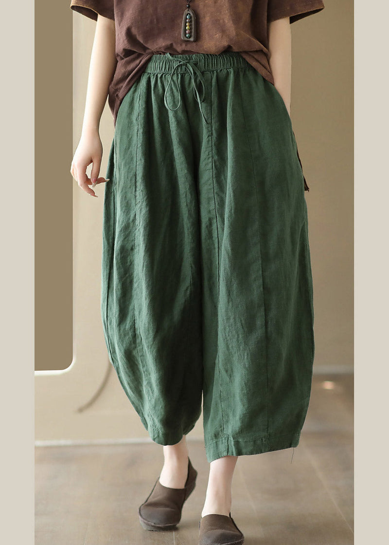 Brief Green Elastic Waist Tie Waist Linen Crop Pants Summer