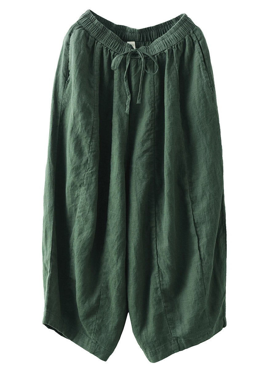 Brief Green Elastic Waist Tie Waist Linen Crop Pants Summer