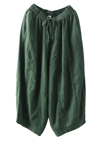 Brief Green Elastic Waist Tie Waist Linen Crop Pants Summer