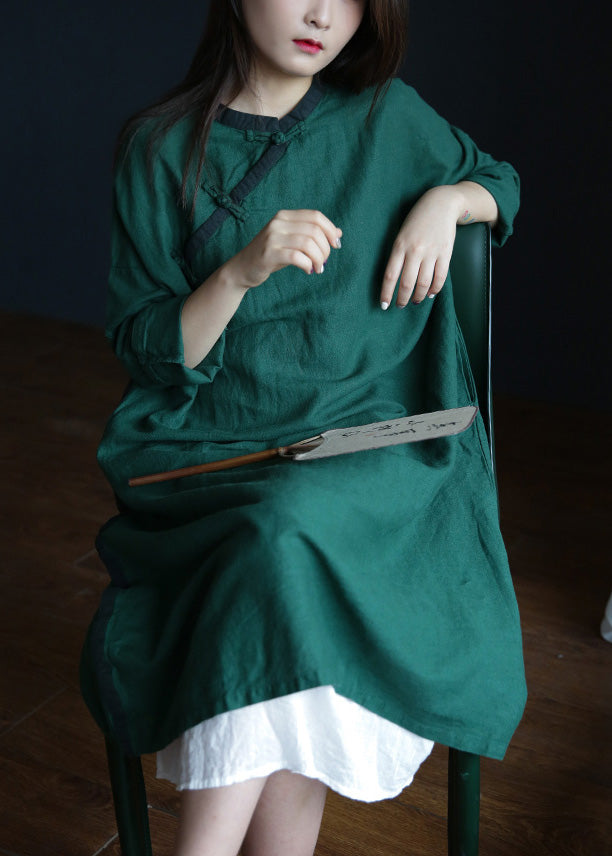 Brief Green O-neck Button Maxi Dresses Spring