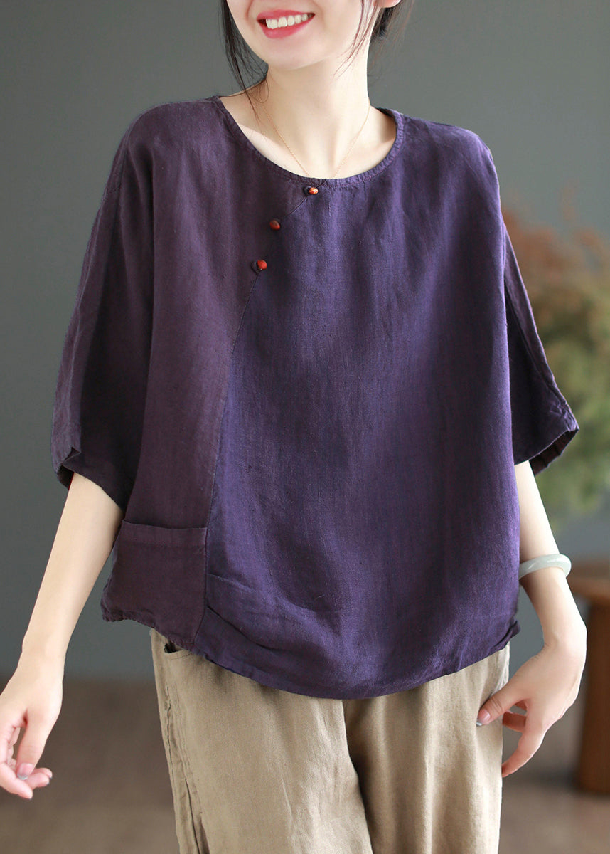 Brief Green O-neck Patchwork Button T Shirt Half Sleeve