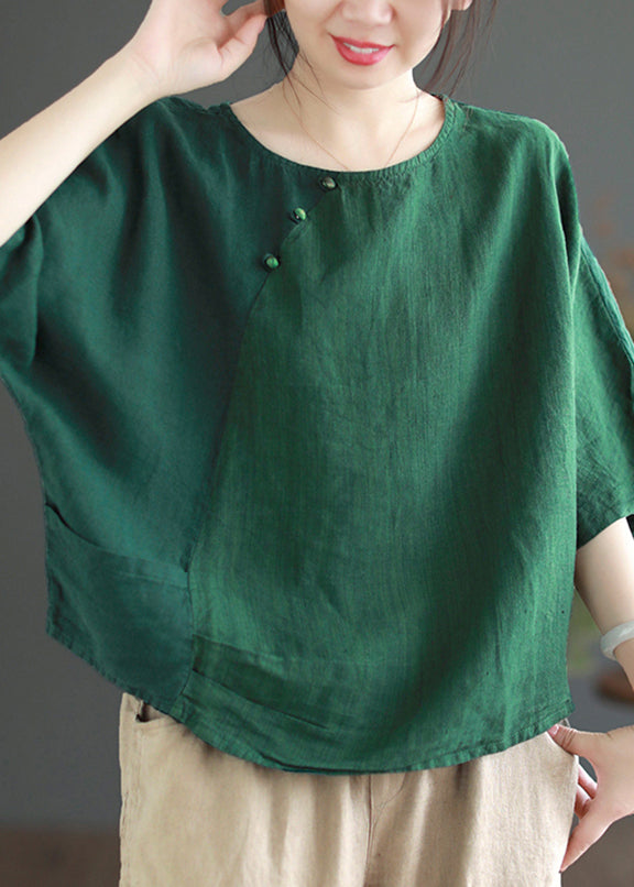 Brief Green O-neck Patchwork Button T Shirt Half Sleeve