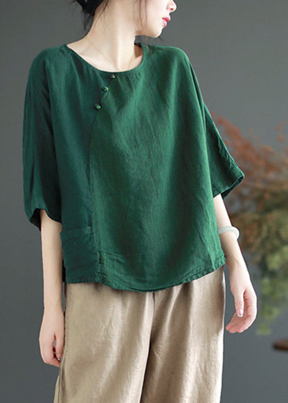 Brief Green O-neck Patchwork Button T Shirt Half Sleeve
