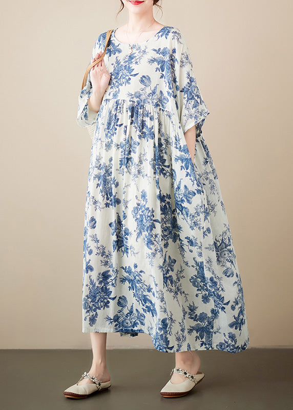 Brief Green O-neck Patchwork Print Cotton Maxi Dresses Summer