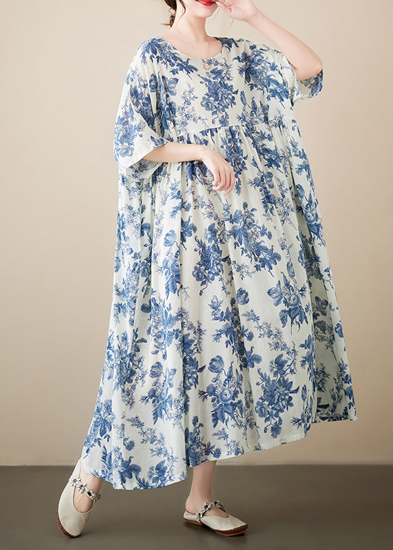Brief Green O-neck Patchwork Print Cotton Maxi Dresses Summer
