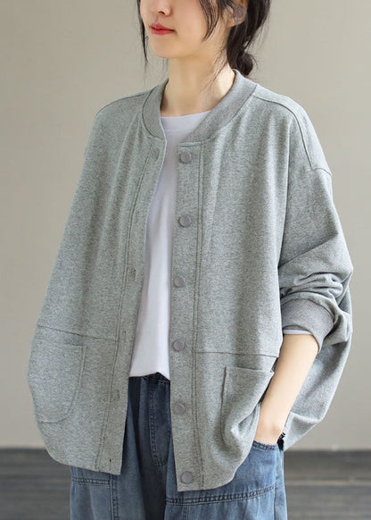 Brief Grey O-neck Button Cotton Coat Long Sleeve