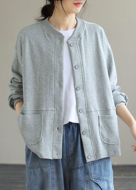 Brief Grey O-neck Button Cotton Coat Long Sleeve