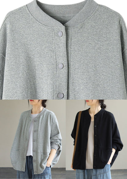 Brief Grey O-neck Button Cotton Coat Long Sleeve