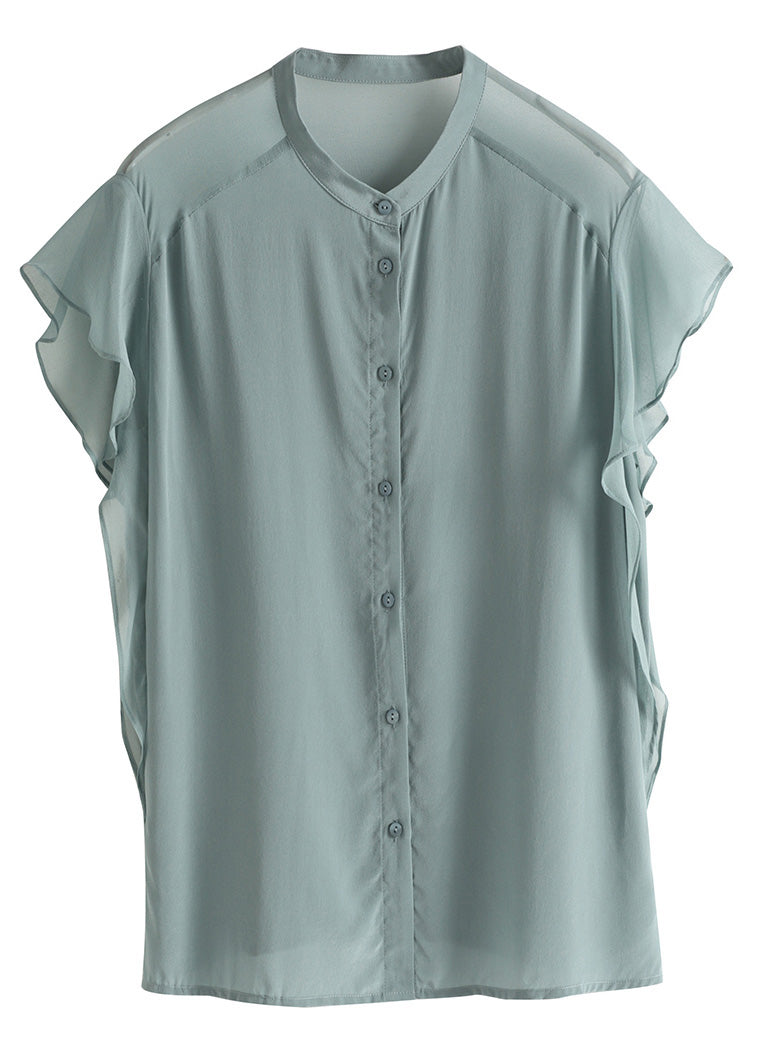 Brief Haze Blue Stand Collar Button Silk Shirt Short Sleeve