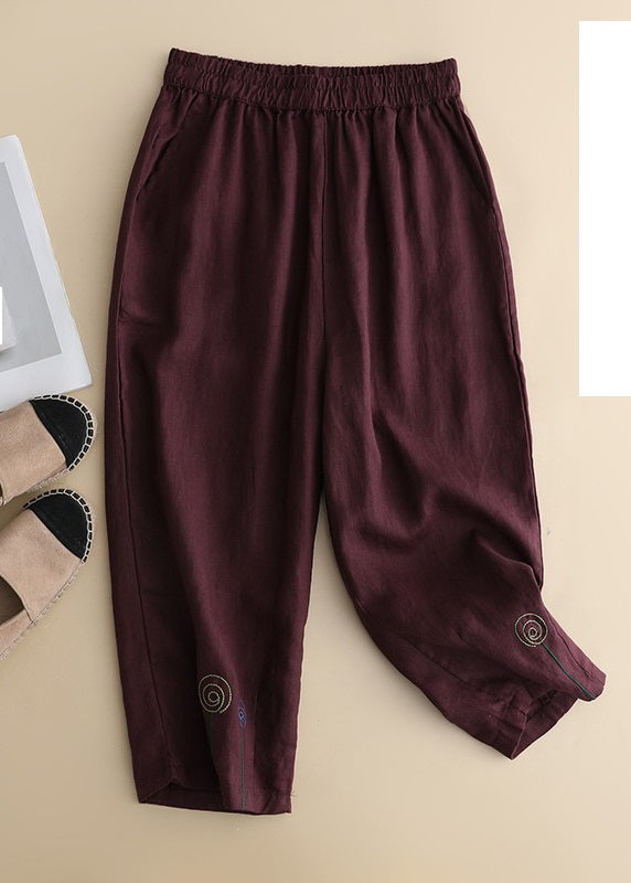 Brief Khaki Embroideried High Waist Linen Harem Pants Summer