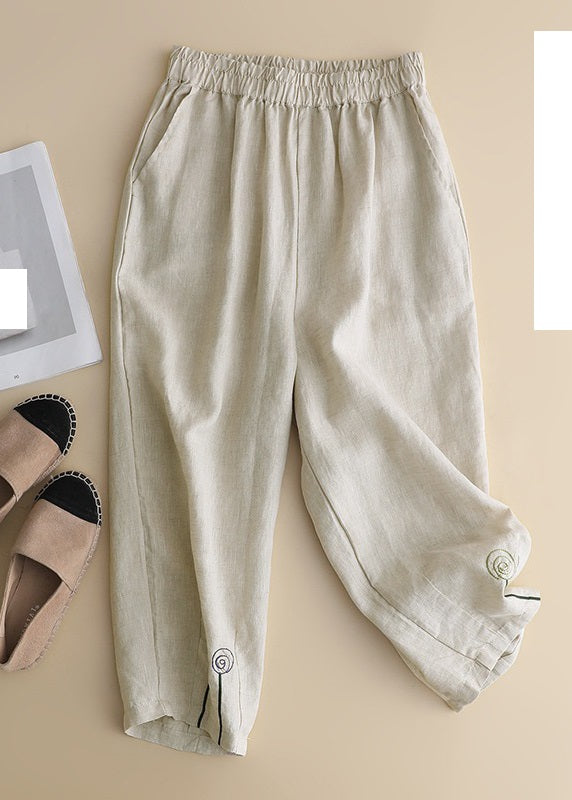 Brief Khaki Embroideried High Waist Linen Harem Pants Summer