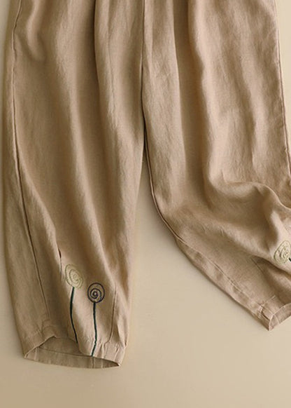 Brief Khaki Embroideried High Waist Linen Harem Pants Summer